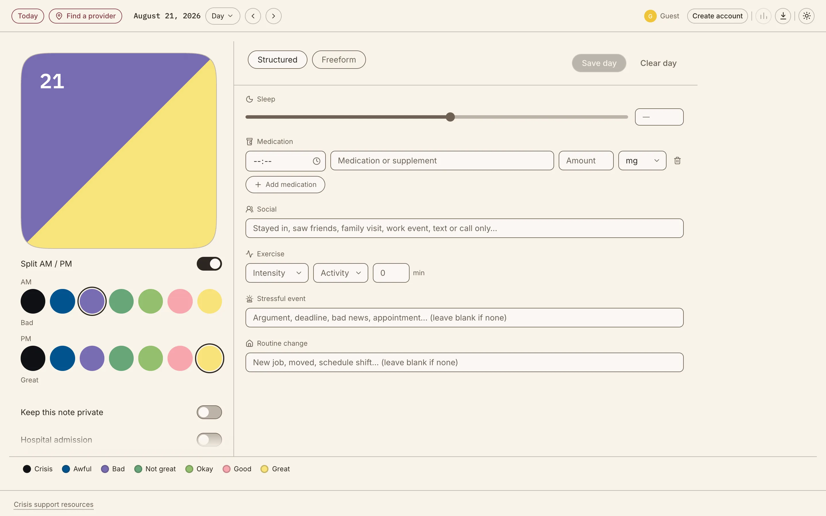 The day entry screen: one large square for the day, separate AM and PM rows of the seven mood levels, and structured fields for sleep, medication, social contact, exercise, stressful events and routine changes.
