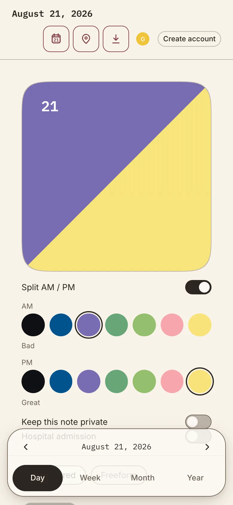 The day entry screen: one large square for the day, separate AM and PM rows of the seven mood levels, and structured fields for sleep, medication, social contact, exercise, stressful events and routine changes.