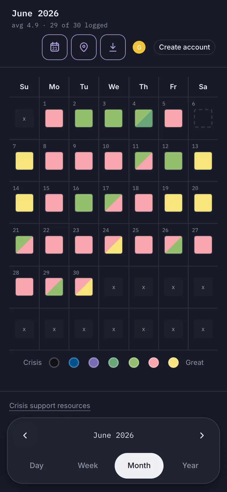The same month, year and day views on a phone-sized screen, laid out in a single column.